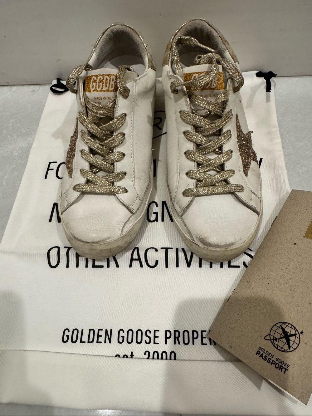 Golden Goose Superstar Sneakers with Gold Glitter Star Accents